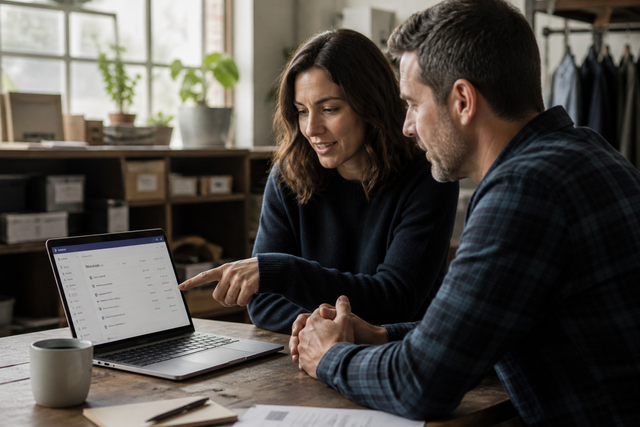 Business owner and consultant reviewing a business app together after launch