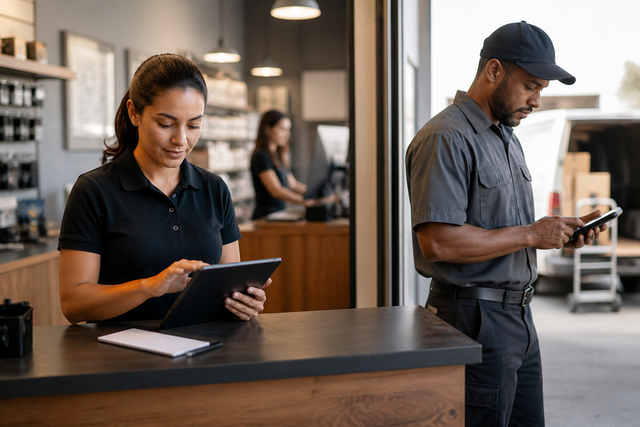 Front desk and field staff coordinating work with tablets and handheld devices