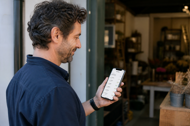 Business owner outdoors reviewing schedules and invoices on a smartphone