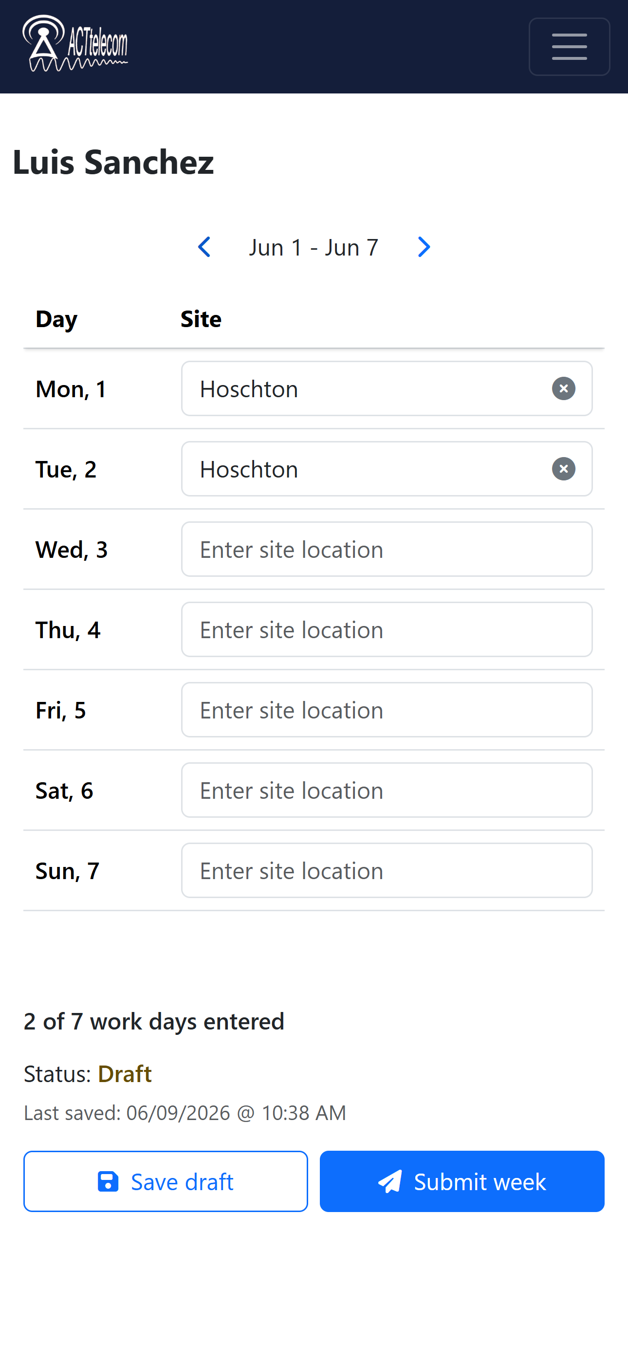ACTtelecom employee activity screen on a phone