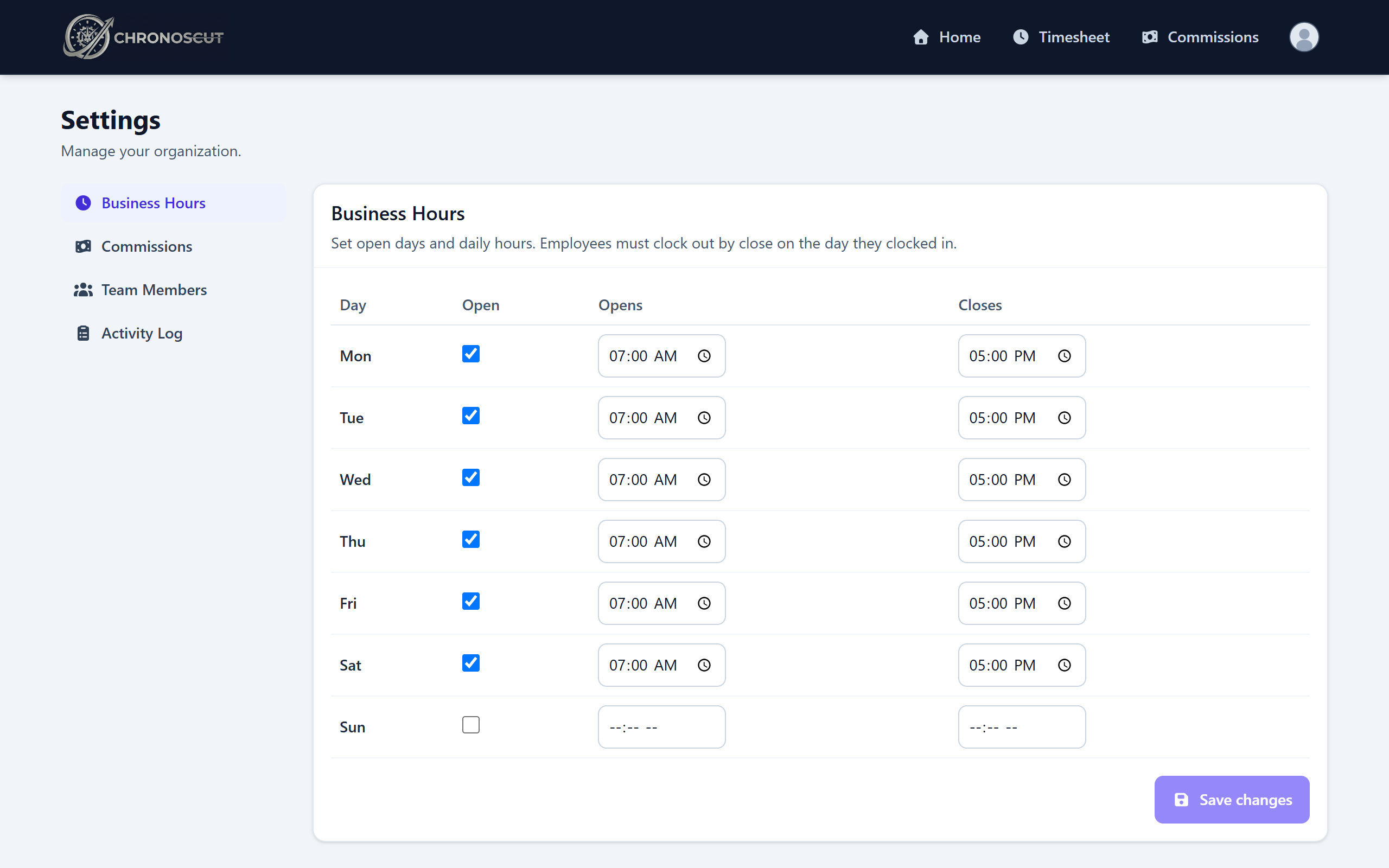 ChronosCut business hours settings