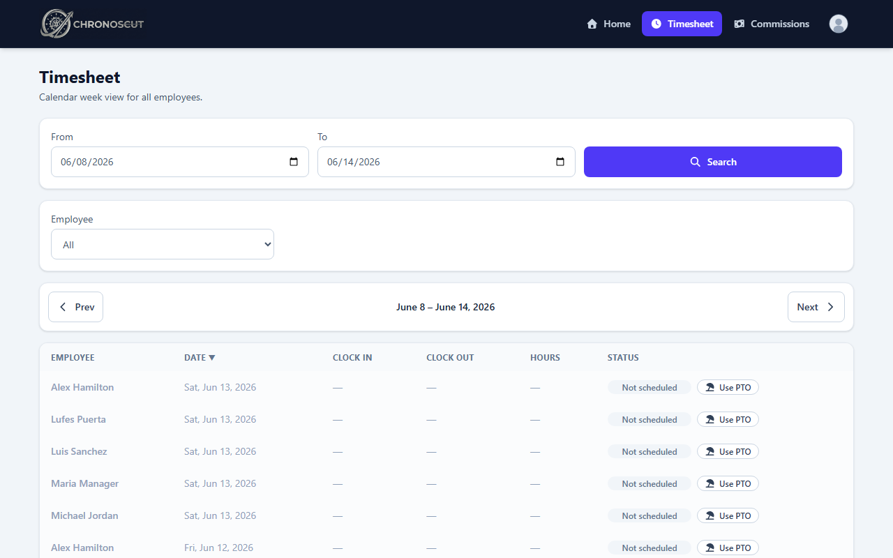 ChronosCut weekly timesheet view