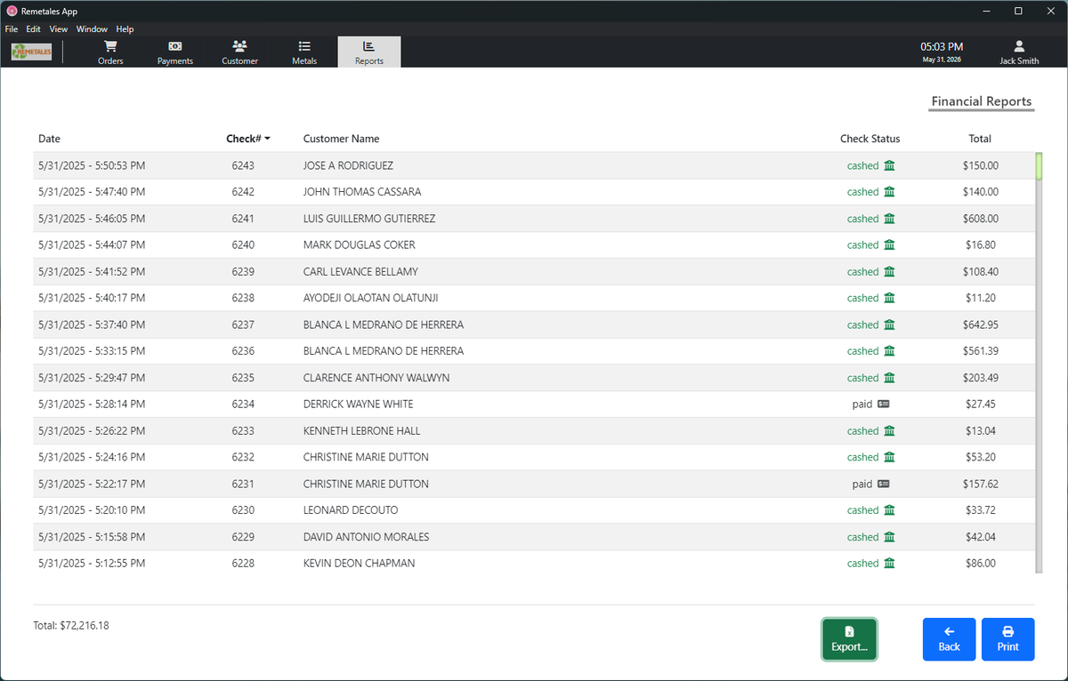 scrAPPy for Windows showing a financial report with check numbers and payment status