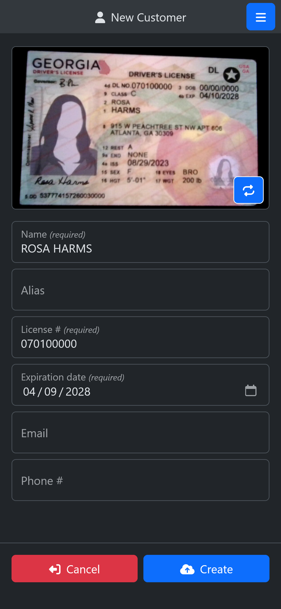 scrAPPy progressive web app confirming customer details extracted from a photo of an ID